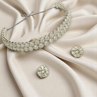 ACCESSHER Silver Tone Layered American Diamond Necklace Set for Women Stylish | Choker Necklace Set for Girls | Choker Set Trendy Design | Jewellery for Women & Girls