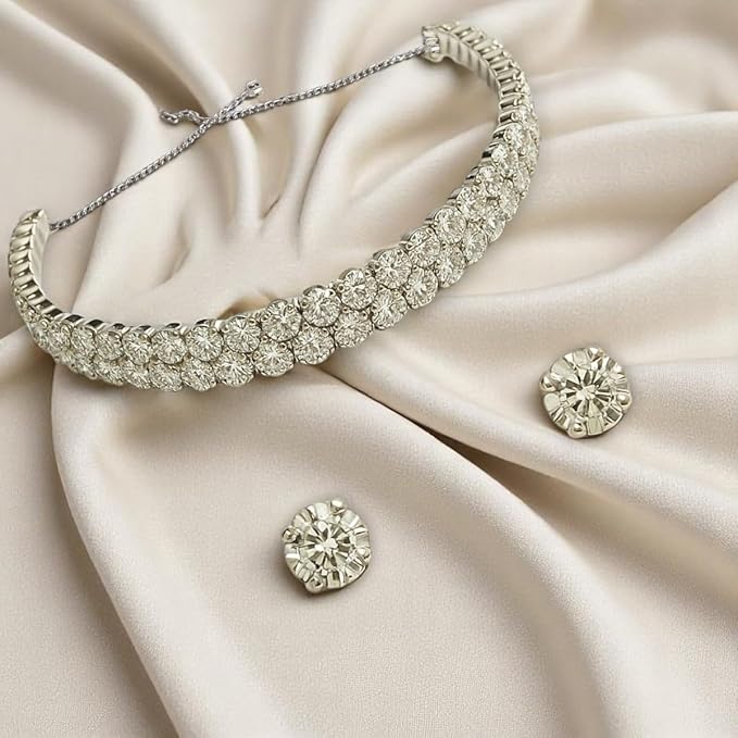ACCESSHER Silver Tone Layered American Diamond Necklace Set for Women Stylish | Choker Necklace Set for Girls | Choker Set Trendy Design | Jewellery for Women & Girls