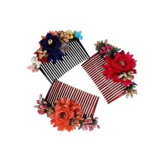 Accessher Multicolor Pack of 3 Acrylic Comb Indo Western Fancy Hair Clip/Side Pin/Jooda Pin Hair Accessories With Cloth Flower for Women and Girls | Gifting for Karwachauth