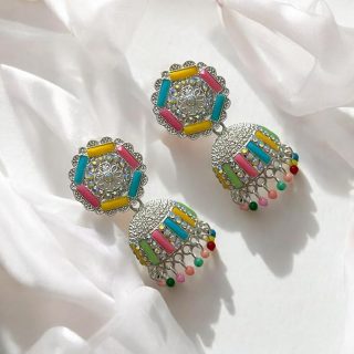 AccessHer Multicoloured Silver Jhumka Earrings Set for Women | Stylish Earrings for Girls | Traditional Silver Jewellery with Rhinestone Detail For Women & Girls