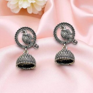 AccessHer Traditional Oxidised Silver Jhumka Earrings with Afghani Inspired Design for Women & Girls - Lightweight Small-Size Jhumki Style