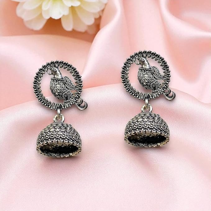AccessHer Traditional Oxidised Silver Jhumka Earrings with Afghani Inspired Design for Women & Girls - Lightweight Small-Size Jhumki Style