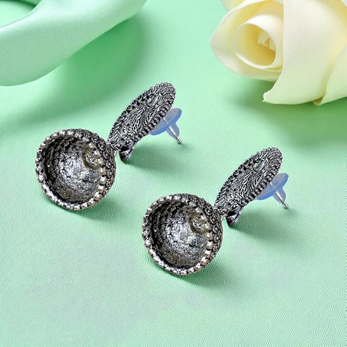 AccessHer Traditional Oxidised Silver Jhumka Earrings with Afghani Inspired Design for Women & Girls - Lightweight Small-Size Jhumki Style - Image 3