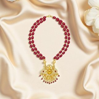 ACCESSHER Traditional Temple Necklace with Goddess Lakshmi Pendant, Pearl & Stone Detailing - Pink Beaded Jewellery