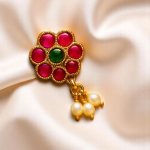 ACCESSHER Gold Tone Floral Nosepin with Stones and Faux Pearl Detailing   Lightweight and Elegant jewellery Accessory for Women s Traditional and Modern Wear (Pink-Green)