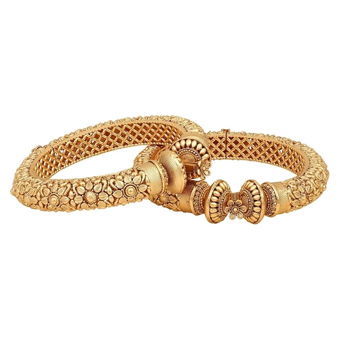 ACCESSHER Rajwadi Style Jewellery Inspired Gold Plated Indian Figure Screw Closure Bangle/Patla/Kada Embellished with Ruby Stones Set of 2 for Women and girl (Gold2) (2.4) - Image 2