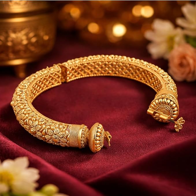 ACCESSHER Rajwadi Style Jewellery Inspired Gold Plated Indian Figure Screw Closure Bangle/Patla/Kada Embellished with Ruby Stones Set of 2 for Women and girl (Gold2) (2.4) - Image 4