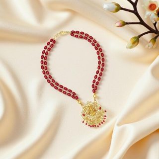 ACCESSHER Traditional Temple Necklace with Goddess Lakshmi Pendant, Pearl & Red Beaded Jewellery