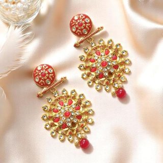 AccessHer Red Jhumka Earrings for Women | Gold Tone, Leaf Style with Red Studded Stones | Lightweight & Stylish Traditional Earrings for Women & Girls (Design 5)