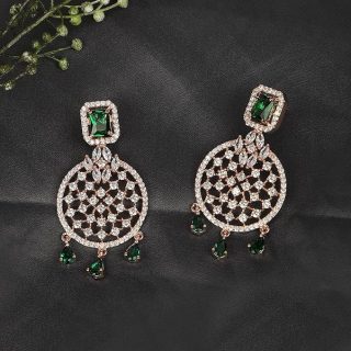 Accessher Rose Gold Plated American Diamond Drop Earrings with Emerald Green Stone Detailing - Elegant Occasion Wear Jewellery