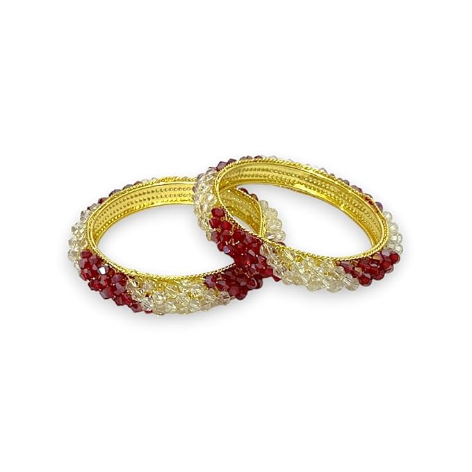 ACCESSHER Gold Tone Transparent Beaded Bangles - Stylish Jewellery Set of 2 in Red-Gold (2.8) - Image 4