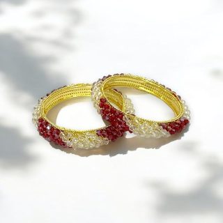 ACCESSHER Gold Tone Transparent Beaded Bangles - Stylish Jewellery Set of 2 in Red-Gold (2.8)