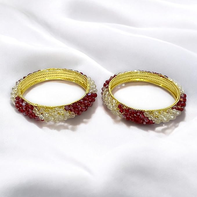 ACCESSHER Gold Tone Transparent Beaded Bangles - Stylish Jewellery Set of 2 in Red-Gold (2.8) - Image 3