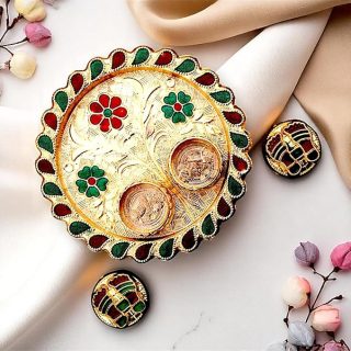 ACCESSHER Round-Shape Lakshmi Charan design Decorative Puja Thali | Multicolour Enamel Work Aarti Thali for Home Mandir | Lightweight Festival Platter for Diwali Engagement Gift