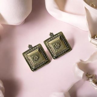 Accessher Silver Plated Oxidized Square Stud Earrings for Women & Girls