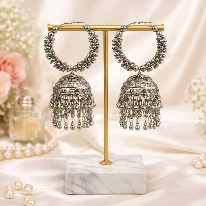 AccessHer Silver-Toned Pearl Jhumka Earrings Set for Women | Traditional Hoops Earrings for Girls | Stylish Silver Jewellery & Pearl Earrings for Women & Girls