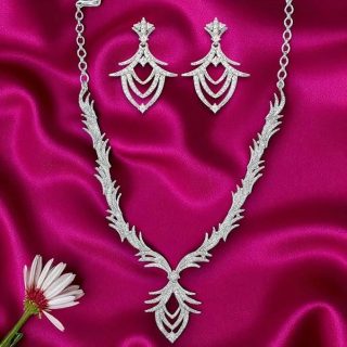 ACCESSHER Silver Tone Necklace Set with American Diamond Detailing & Drop Earrings - Elegant Occasion Jewellery