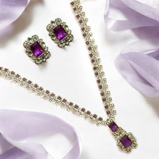 ACCESSHER Silver Tone Necklace Set with Square Stone & American Diamond Detailing - Jewellery Set with Earrings (Light Purple)