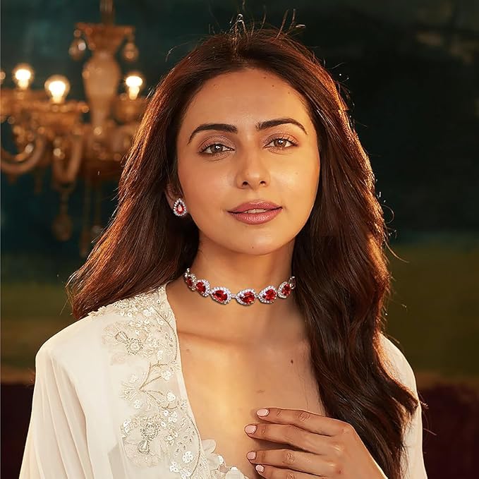 ACCESSHER Silver Plated with Ruby Red Stone Pendant Necklace Set for Women | Stylish Teardrop Necklace for Party, Ethnic | Lightweight Fashion Accessories (Ruby Red) - Image 2