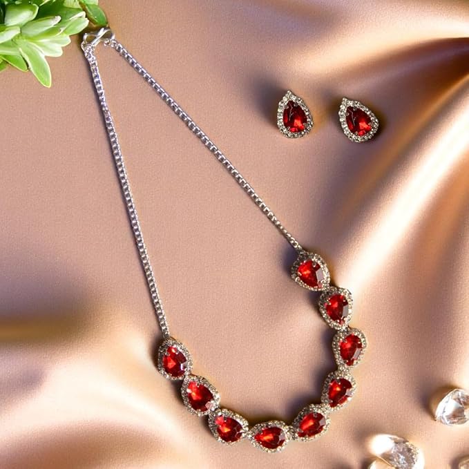 ACCESSHER Silver Plated with Ruby Red Stone Pendant Necklace Set for Women | Stylish Teardrop Necklace for Party, Ethnic | Lightweight Fashion Accessories (Ruby Red)