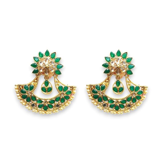 AccessHer Gold Plated Kundan Chandbali Earrings with Green Stone & Floral Jhumka Detailing for Women & Girls - Image 3