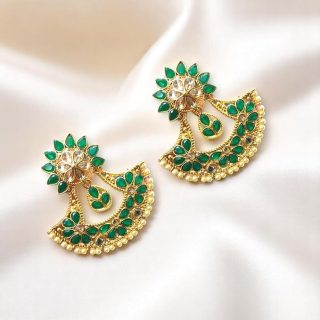 AccessHer Gold Plated Kundan Chandbali Earrings with Green Stone & Floral Jhumka Detailing for Women & Girls