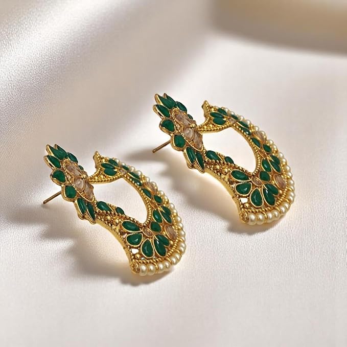 AccessHer Gold Plated Kundan Chandbali Earrings with Green Stone & Floral Jhumka Detailing for Women & Girls - Image 4