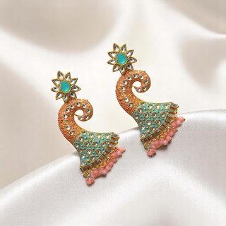 ACCESSHER Gold Tone Peacock Jhumka Earrings - Turquoise, Coral & Mirror Work Detailing