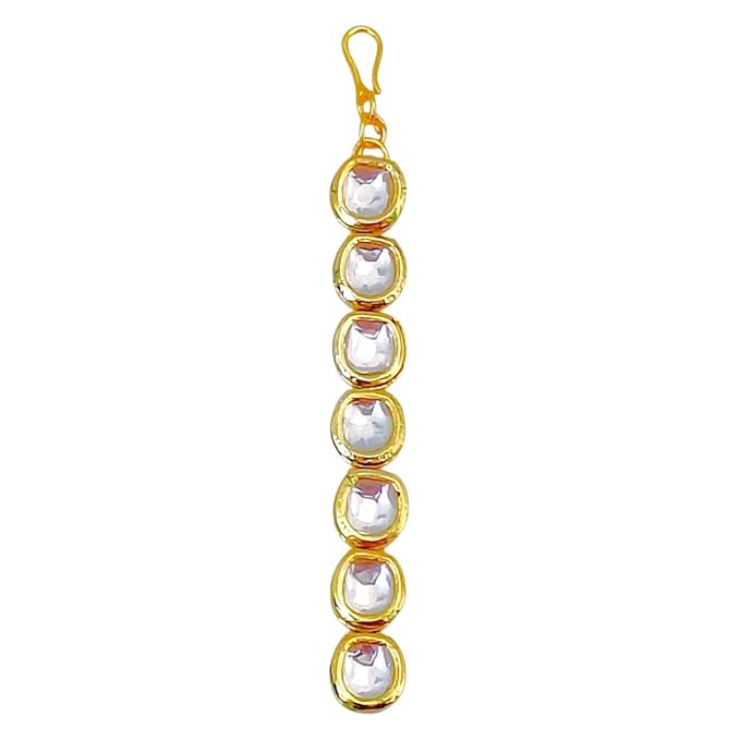 ACCESSHER Traditional Gold Plated Vilandi Kundan Embedded Minimal Style Ethnic Maang Tika Studded with Fish Hook Closure for Women and Girls Pack of 1 - Image 5