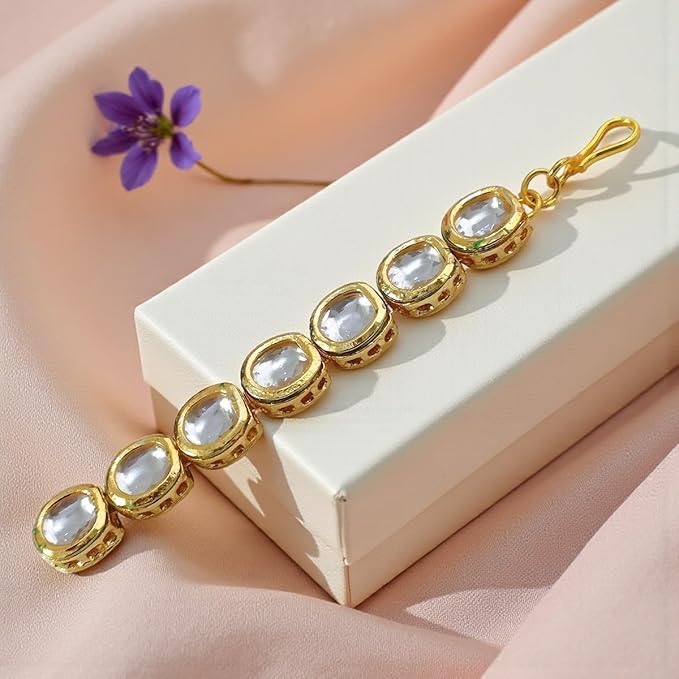 ACCESSHER Traditional Gold Plated Vilandi Kundan Embedded Minimal Style Ethnic Maang Tika Studded with Fish Hook Closure for Women and Girls Pack of 1