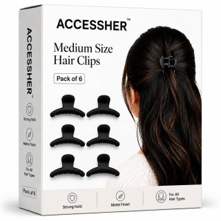 Accessher Black Acrylic Butterfly Claw Clip Set with Tight Grip - Medium Size Hair Clutchers (Pack of 6)