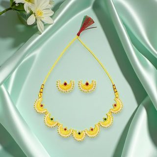 ACCESSHER Women's Gold-Plated Traditional Necklace Set with Earrings | Ruby & Emerald Stones with Pearl Beads | Crescent Moon Design with Matching Earrings