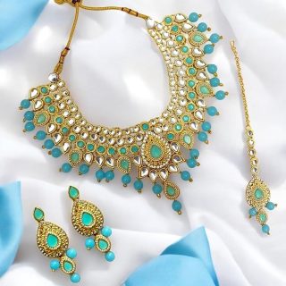 ACCESSHER Light Kundan Necklace Set for Women Traditional | Pearl Beaded Choker Set & Earrings Jewellery Set | Stylish Ethnic Necklace Set for Women & Girls (Blue)
