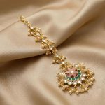 Accessher Gold Plated Traditional Multicolour Meenakari and Kundan Embellished Chandbali Style Maang Tika Embedded with Tiny Pearls for Women and Girls | Maang Tikka for Women