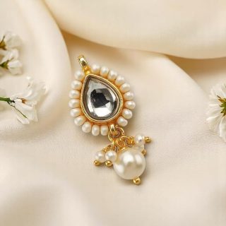 ACCESSHER American Diamond Shaped Nosepin with Beaded Pearl Outline, Gold Tone, Traditional Indian Faux Pearl Detailing, Non-Pierced Nose Accessory (Pear-Shaped)