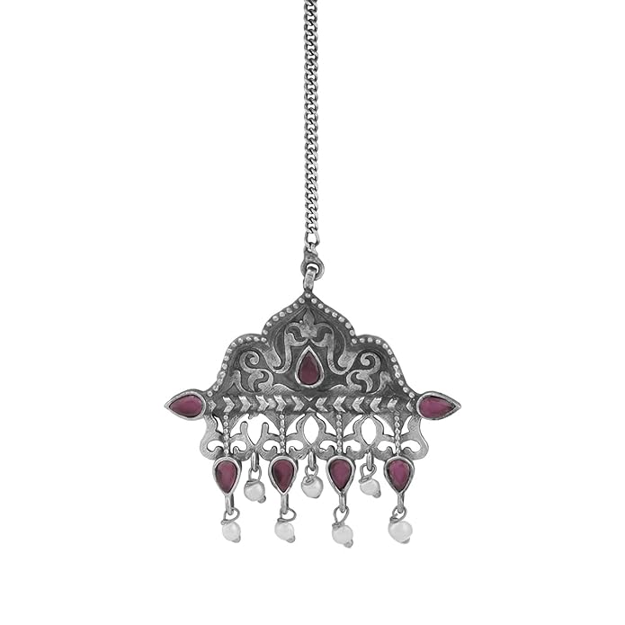 Accessher Antique Gold and Silver Plated Bindiya Style Brass Ethnic Maang Tika for Women | Navratri Jewellery | (Silver1) - Image 2