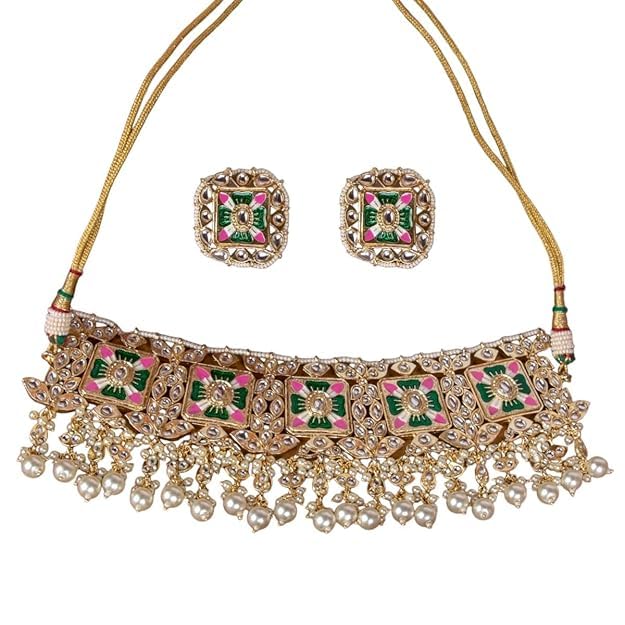 ACCESSHER Traditional Gold Plated Statement Choker Necklace Set for Women Gold Tone Jewelry with Purple and Green Stones Studded Necklace with Earrings Combo for Special Occasions - Image 2