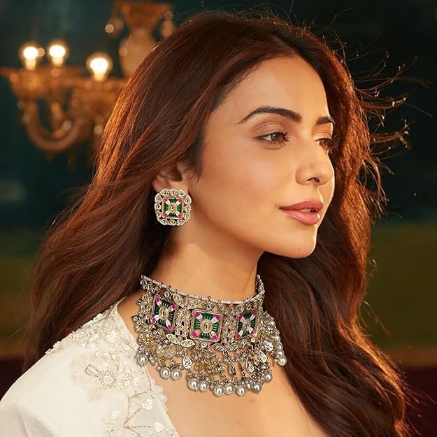 ACCESSHER Traditional Gold Plated Statement Choker Necklace Set for Women Gold Tone Jewelry with Purple and Green Stones Studded Necklace with Earrings Combo for Special Occasions - Image 3