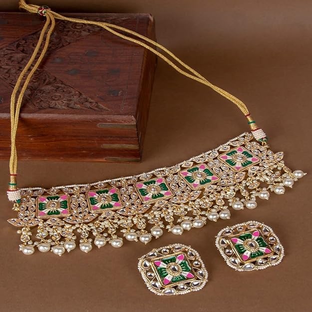 ACCESSHER Traditional Gold Plated Statement Choker Necklace Set for Women Gold Tone Jewelry with Purple and Green Stones Studded Necklace with Earrings Combo for Special Occasions