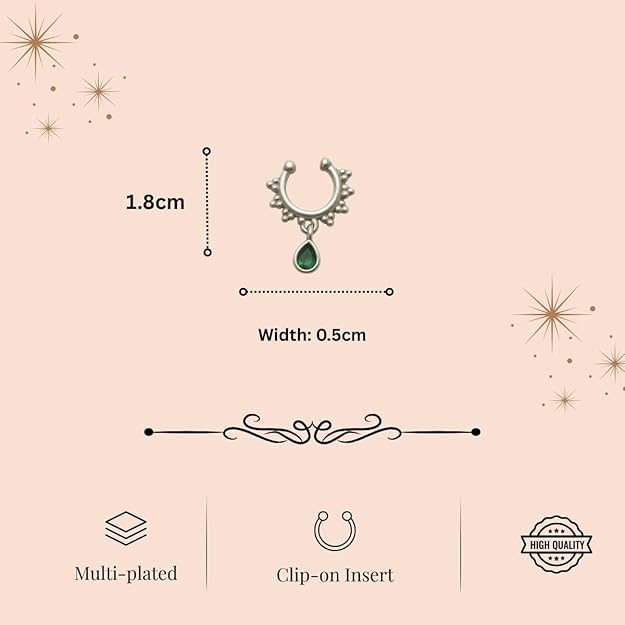 ACCESSHER Silver Plated Nose Ring Without Piercing | Non Pierced Just Press Septum Ring with Stone | Clip On Middle Nose Ring | Nosepin for Women & Girls - Image 5