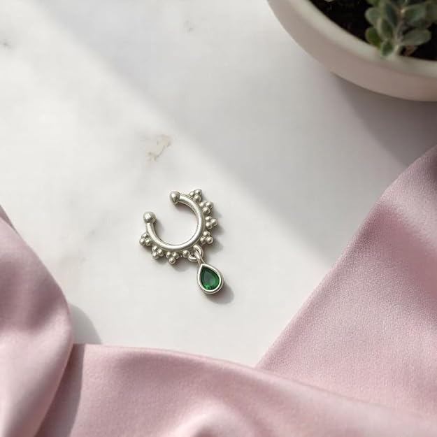 ACCESSHER Silver Plated Nose Ring Without Piercing | Non Pierced Just Press Septum Ring with Stone | Clip On Middle Nose Ring | Nosepin for Women & Girls - Image 3