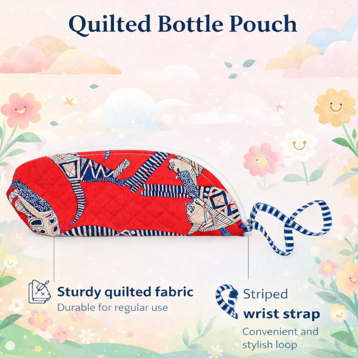 ACCESSHER Handcrafted Jaipuri Quilted Cotton Pouch Water Bottle Cover with Zip & Handle Multifunctional Storage Kit & Bottle Sleeve Protecto - Image 4