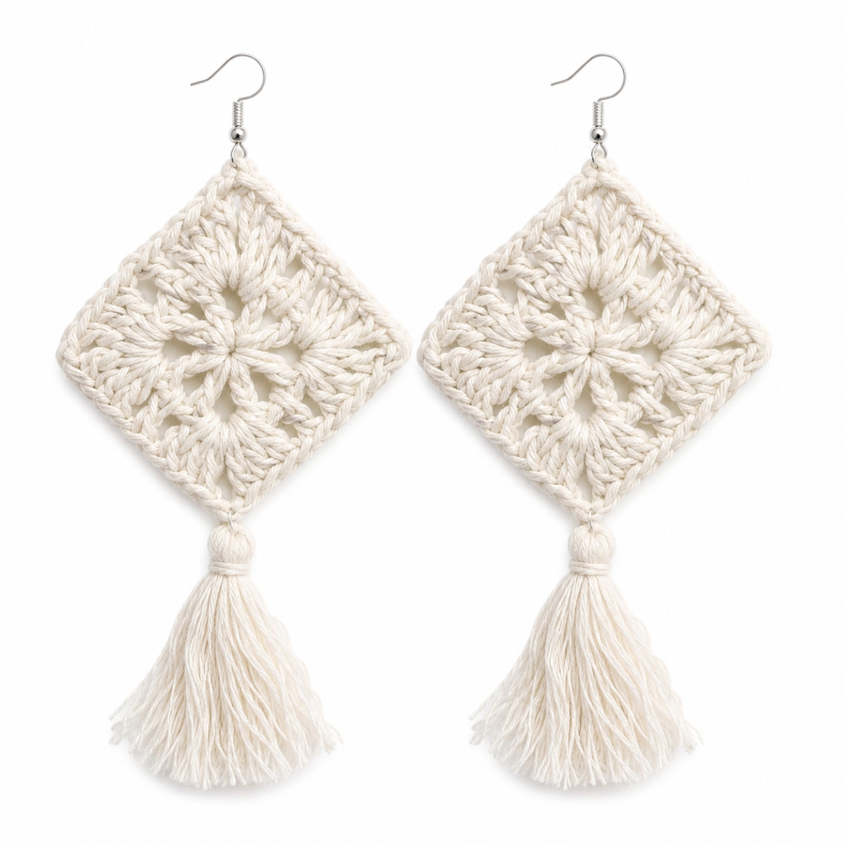 ACCESSHER Women's & Girls Handmade White Cotton Tassel Crochet Earrings Boho Beach Style Statement Dangle Earrings Trendy bohemian Jewellery Gift For Birthday - Image 5