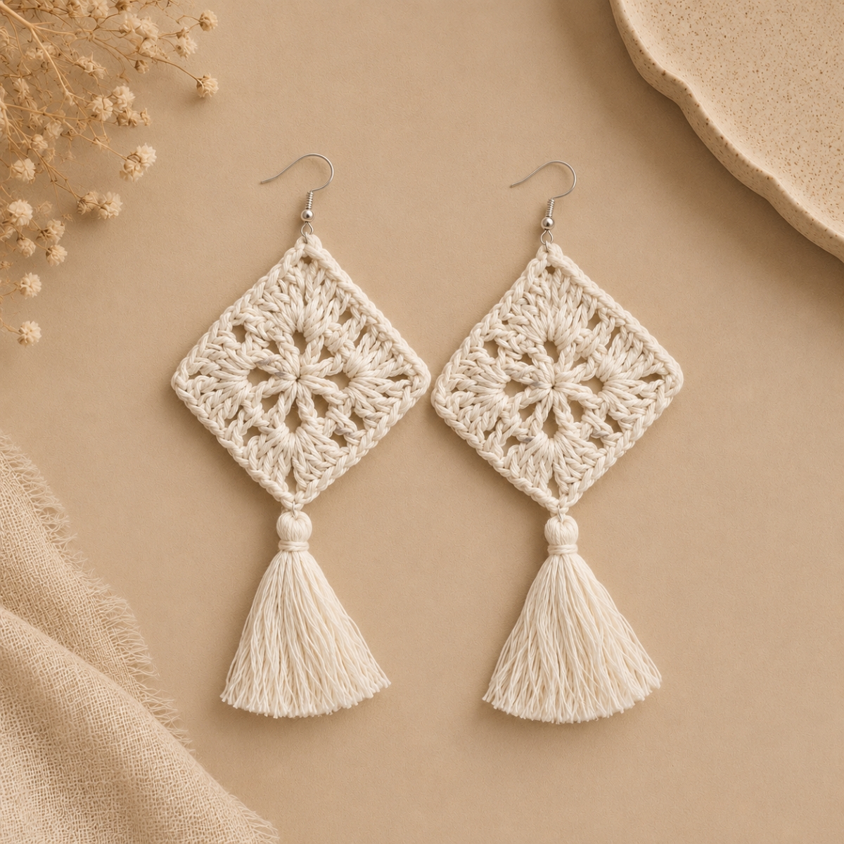 ACCESSHER Women's & Girls Handmade White Cotton Tassel Crochet Earrings Boho Beach Style Statement Dangle Earrings Trendy bohemian Jewellery Gift For Birthday