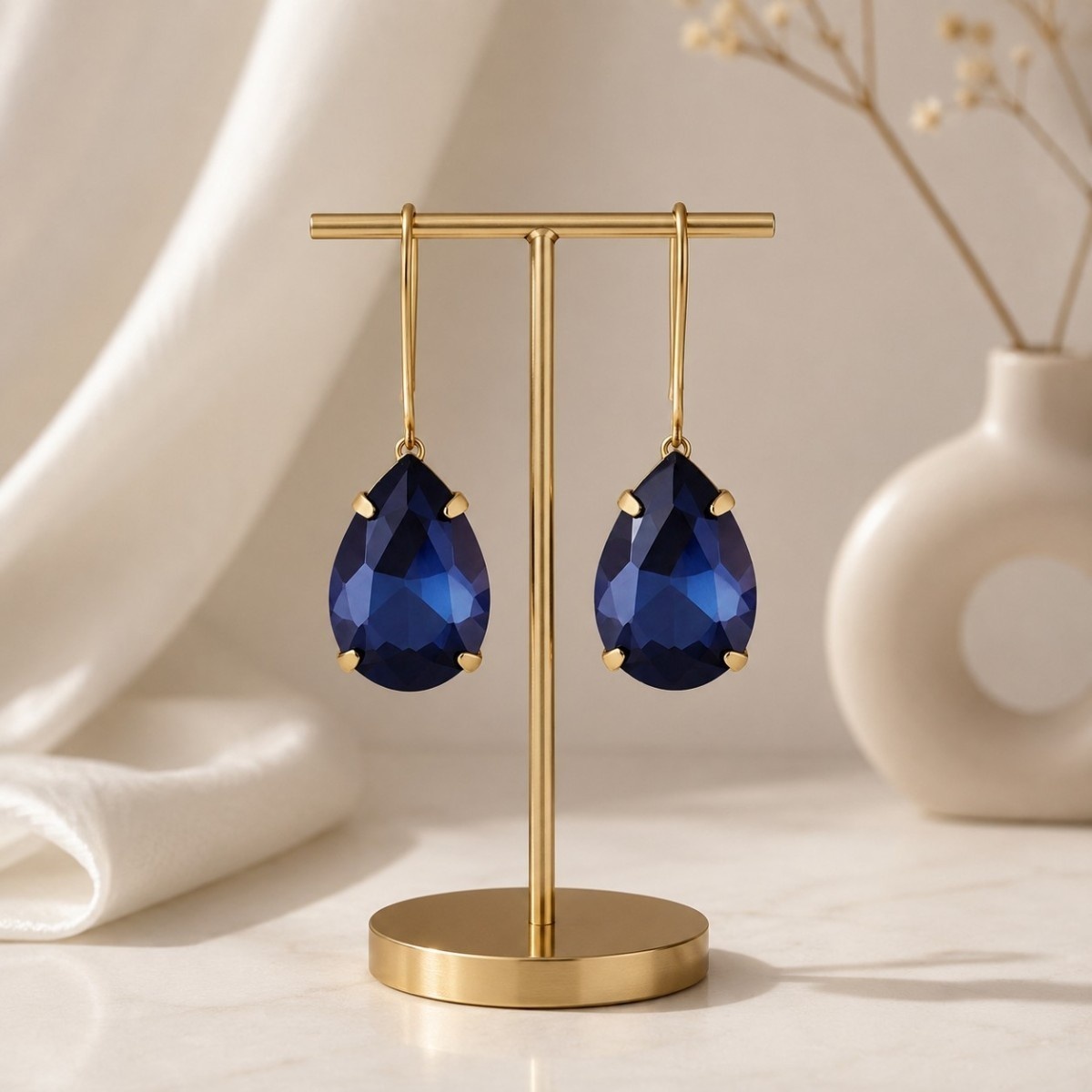 Accessher Gold Plated Tear Drop Dangle Earrings - Blue Stone Embellishment for Women & Girls