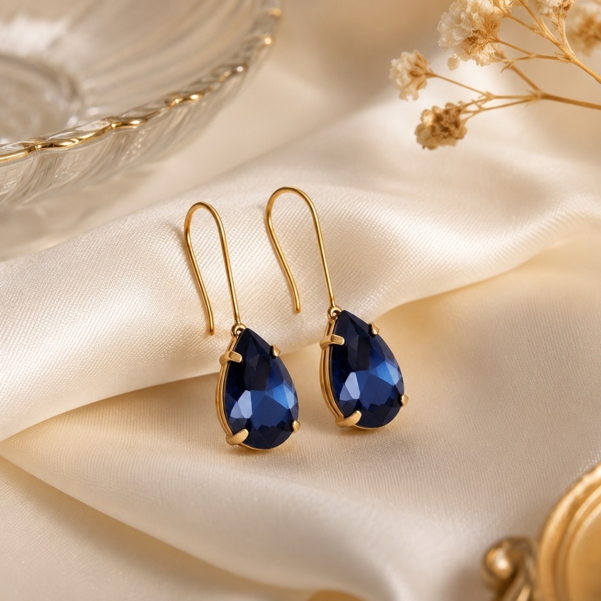 Accessher Gold Plated Tear Drop Dangle Earrings - Blue Stone Embellishment for Women & Girls - Image 2