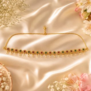 ACCESSHER Women's Gold Plated Traditional Kamarpatti Waist Chain with Studded Stone Round Floral Motif - Adjustable Kamarbandh Waist Belt